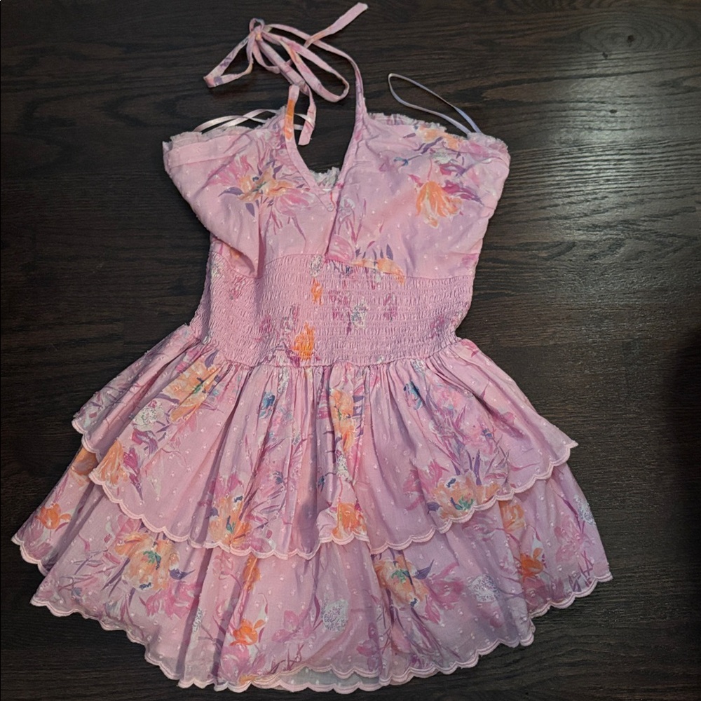 LoveShackFancy Pink Floral Smocked Ruffle Mini Dress